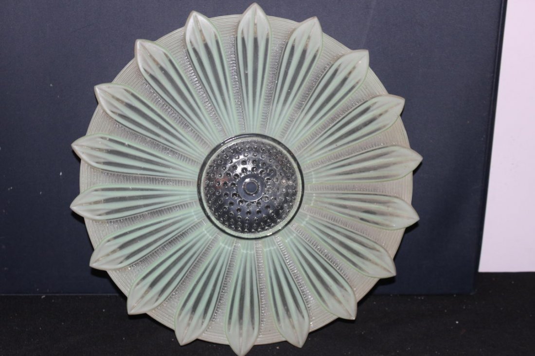 WONDERFUL CEILING GLASS FIXTURE - DECORATED PATTERNED: WONDERFUL CEILING GLASS FIXTURE - DECORATED PATTERNED SATIN LIKE FINISH - DECO FLAVOR - 14" WIDE 3" DEEP - MINT MOST UNUSUAL
