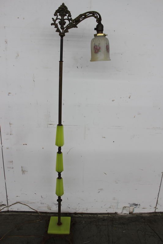 LOVELY FLOOR ALABASTER & IRON BRIDGE LAMP W/ REVERSE: LOVELY FLOOR ALABASTER & IRON BRIDGE LAMP W/ REVERSE PAINTED SHADE - BASE MISSING 1 SPACER - NEEDS CLEANING