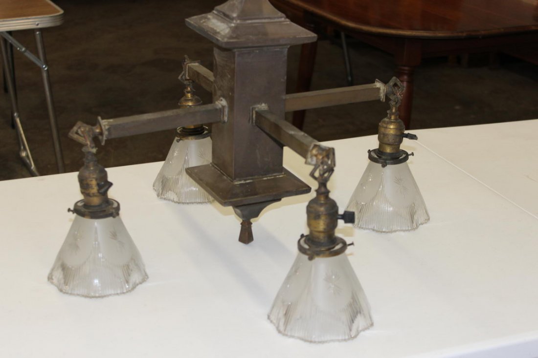 SOLID BRASS 4 SOCKET CHANDELIER IN EXC. CONDITION 35": SOLID BRASS 4 SOCKET CHANDELIER IN EXC. CONDITION 35" HIGH 24" WIDE