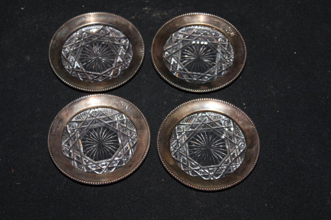 4 GORHAM CO. CUT GLASS COASTERS WRAPPED IN STERLING -: 4 GORHAM CO. CUT GLASS COASTERS WRAPPED IN STERLING - MINT W/ ORIGINAL COTTON GLOVE