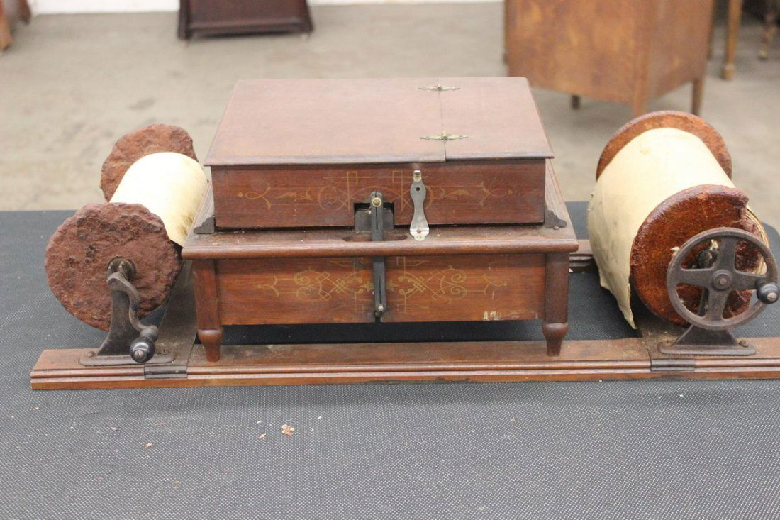 SOME SORT OF EARLY CRANK ORGAN W/ 2 FULL ROLLS - NEEDS: SOME SORT OF EARLY CRANK ORGAN W/ 2 FULL ROLLS - NEEDS RESTORATION - WALNUT