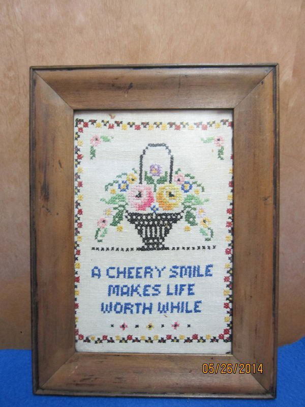EARLY NEEDLEPOINT / SAMPLER (A CHERRY SMILE MAKES LIFE: EARLY NEEDLEPOINT / SAMPLER (A CHERRY SMILE MAKES LIFE WORTH WHILE) IN EARLY FRAME EXCELLENT CONDITION 9 X 12"