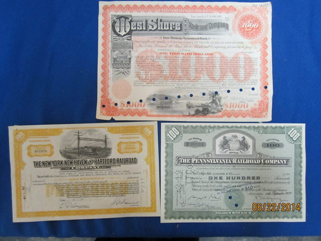 3 RAILROAD STOCK CERT. - PENNSYLVANIA, NEW HAVEN: 3 RAILROAD STOCK CERT. - PENNSYLVANIA, NEW HAVEN HARTFORD & WEST SHORE - ALL ONE WAY