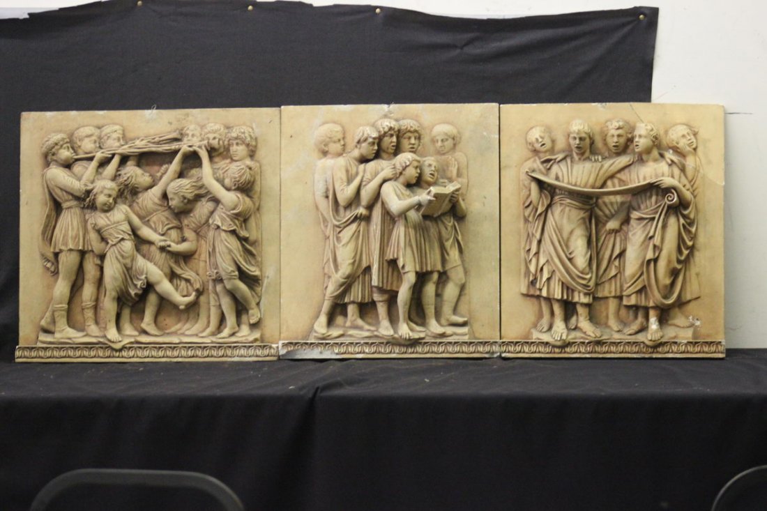 3 GREAT PLASTER STOREFRONT PLAQUES GREATLY DETAILED: 3 GREAT PLASTER STOREFRONT PLAQUES GREATLY DETAILED LARGE ONE NEAR MINT - TO OTHERS NEED ATTENTION - ARCHITECTURAL SALVAGE VERY EARLY - (2) 21 X 18 - (1) 22 X 21
