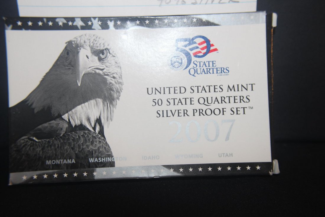 2007 US MINT 50 STATE QUARTERS SILVER PROOF SET -: 2007 US MINT 50 STATE QUARTERS SILVER PROOF SET - MONTANA- WASHINGTON- IDAHO- WYOMING- UTAH- 90% SILVER