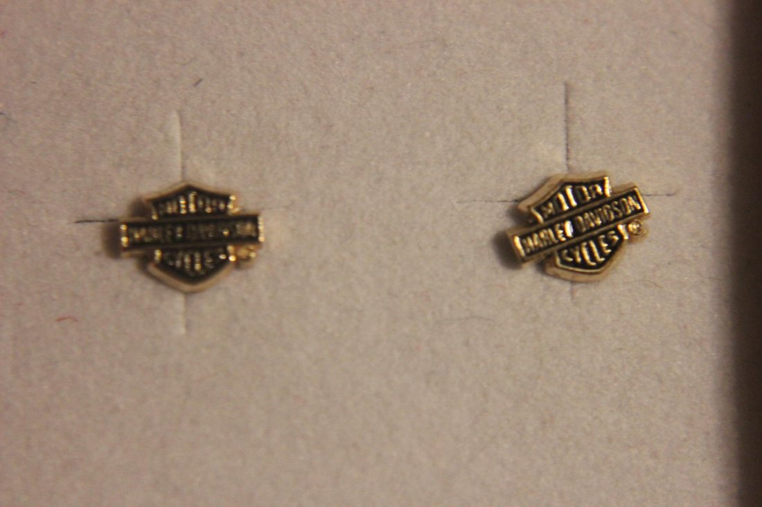 LADIES 14 K GOLD HARLEY-DAVIDSON LOGO PIERCED EARRINGS: LADIES 14 K GOLD HARLEY-DAVIDSON LOGO PIERCED EARRINGS - NEW RETAIL VALUE $99