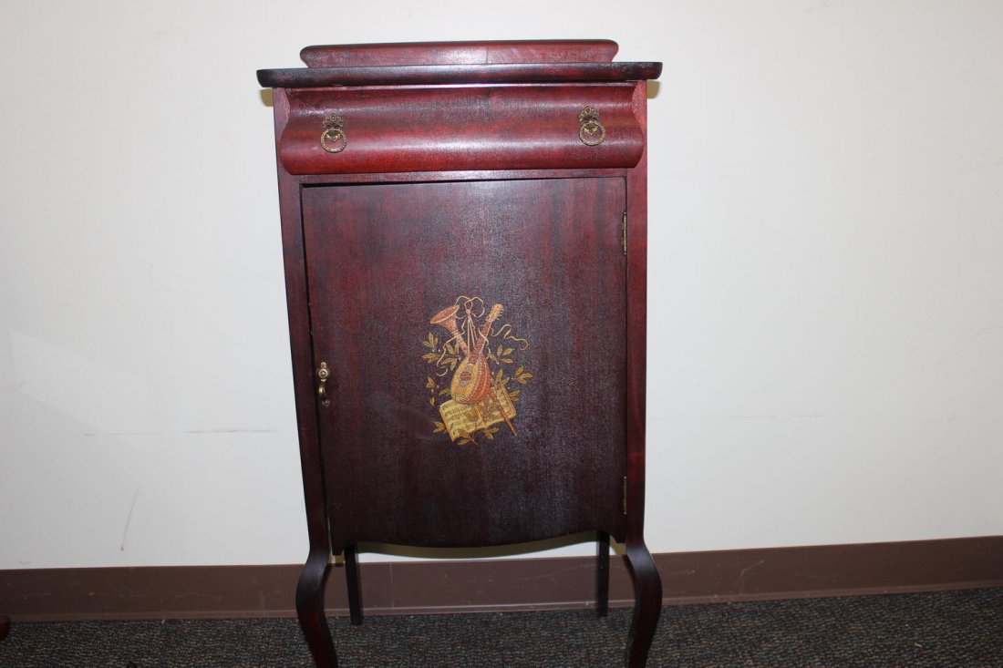 NICE MAHOGANY MUSIC CABINET W/ DECORATED DOOR 39 X 20 X: NICE MAHOGANY MUSIC CABINET W/ DECORATED DOOR 39 X 20 X 14