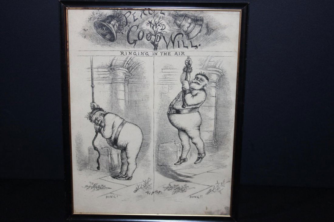 EXCELLENT DRAWING BY THOMAS NAST - PEACE AND GOODWILL: EXCELLENT DRAWING BY THOMAS NAST - PEACE AND GOODWILL RING IN THE AIR - 13 X 10