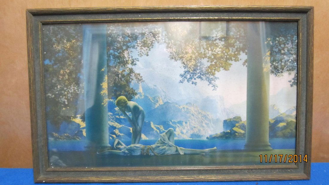 DAYBREAK BY MAXFIELD PARRISH IN A 12 X 19.5 VINTAGE ART: DAYBREAK BY MAXFIELD PARRISH IN A 12 X 19.5 VINTAGE ART DECO FRAME EXCELLENT CONDITION