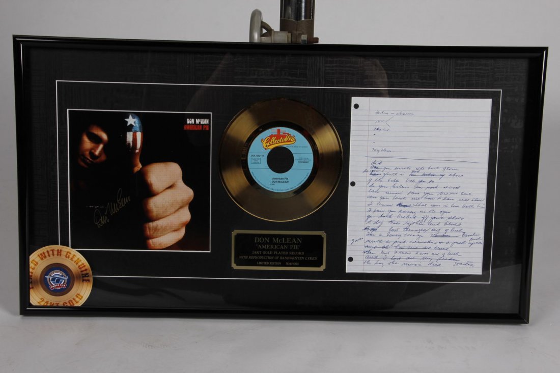 limited edition DON McLEAN 24kt plated gold record: limited edition DON McLEAN 24kt plated gold record tribute piece with page of lyrics and autographed photo with coa,