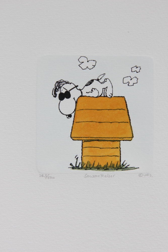 original etching by united feature syndicate titled: original etching by united feature syndicate titled "snoopy on his house" out of 500