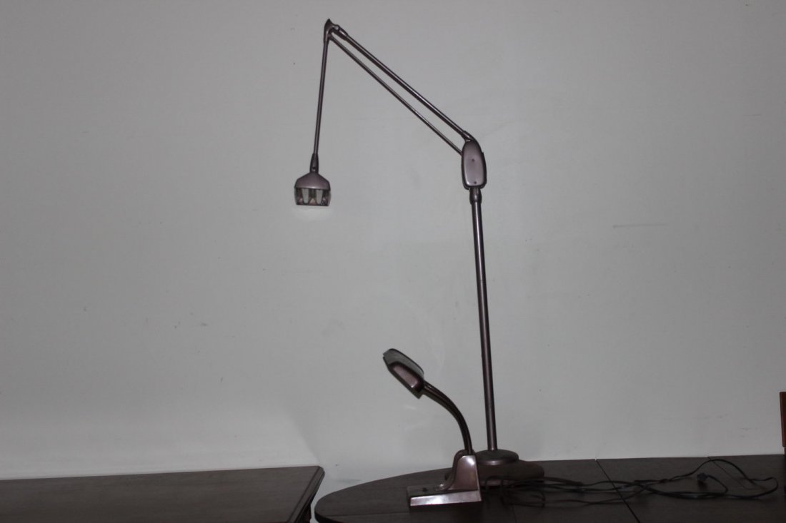 LOT OF 2 NICE ORIGINAL CONDITION SWING ARM INDUSTRIAL: LOT OF 2 NICE ORIGINAL CONDITION SWING ARM INDUSTRIAL LIGHT FLOOR AND DESK - WORKS FINE 21" & 70"