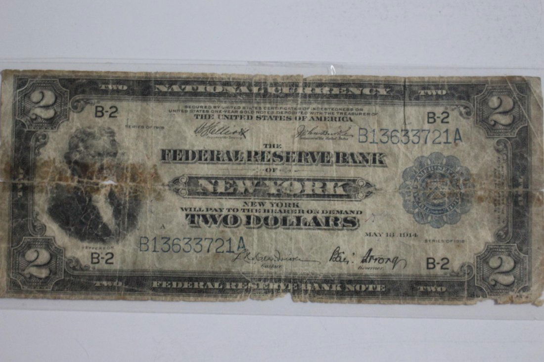 RARE 1914 VINTAGE TWO DOLLAR BILL FEDERAL RESERVE BANK: RARE 1914 VINTAGE TWO DOLLAR BILL FEDERAL RESERVE BANK OF NEW YORK MAY 18, 1914 LARGE 7.25 X 3 - FAIR CONDITION