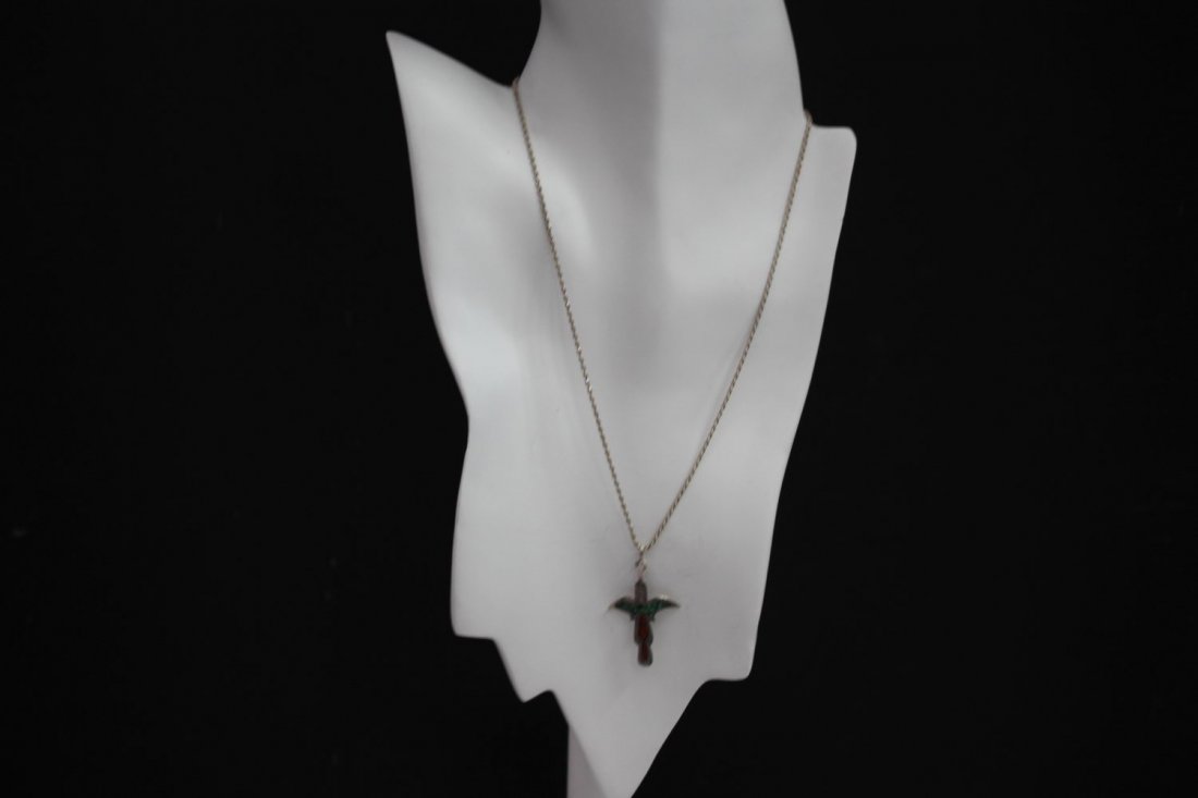 STERLING SILVER INDIAN TOTEM PENDANT/NECKLACE FEATURES: STERLING SILVER INDIAN TOTEM PENDANT/NECKLACE FEATURES MOSAIC INLAID TURQUOISE AND CORAL 18" NECKLACE