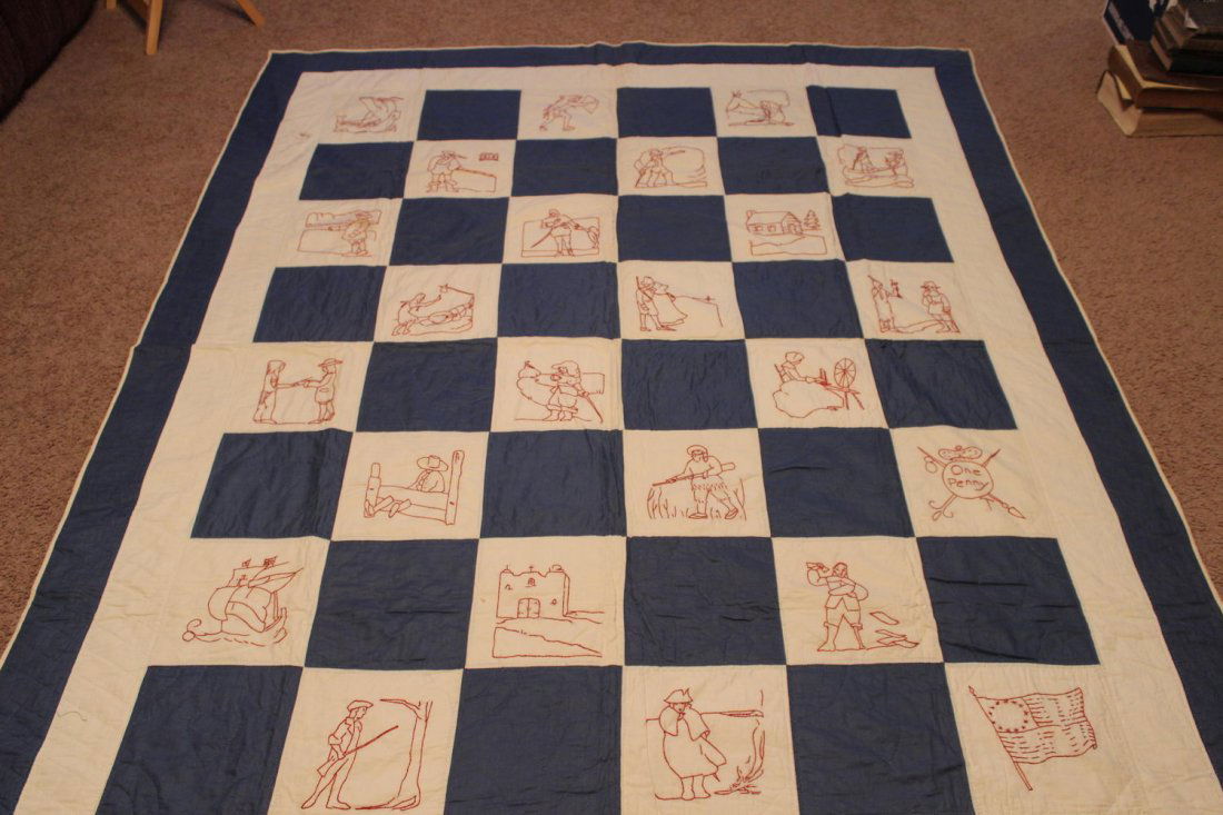 VINTAGE AND MOST INTERESTING HANDMADE QUILT GREAT: VINTAGE AND MOST INTERESTING HANDMADE QUILT GREAT PATTERN WITH 24 ACTION FILLED SQUARES ALONG WITH 24 SOLID BLUE SQUARES ALL GOOD CONDITION 82 X 63