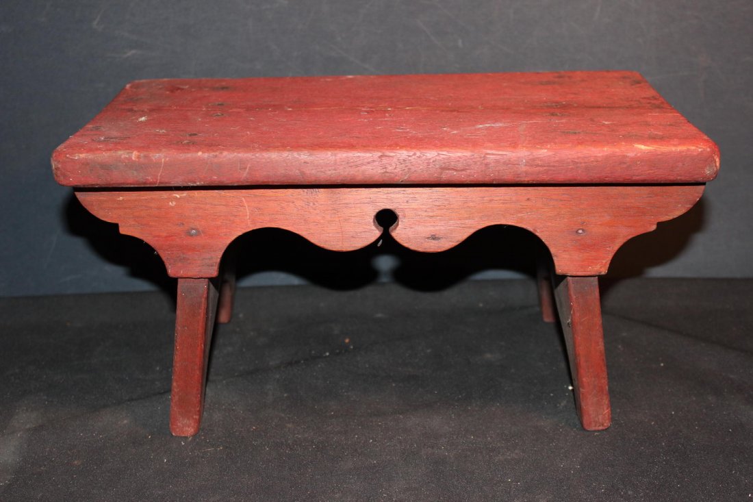 EARLY HANDMADE FOOT STOOL AND OLD RED PAINT BOOT JACK: EARLY HANDMADE FOOT STOOL AND OLD RED PAINT BOOT JACK ENDS IN VERY GOOD CONDITION 13.5 X 7.5 X 7