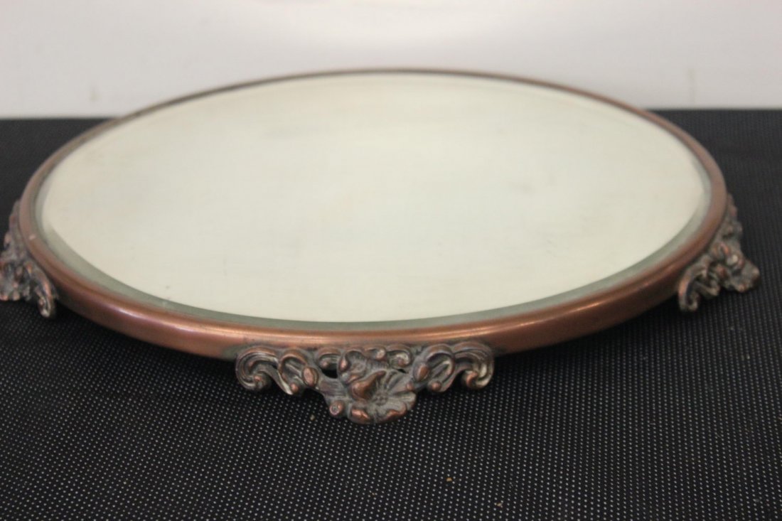 ANTIQUE VICTORIAN PLATEAU MIRROR FOR TABLE OR DRESSER -: ANTIQUE VICTORIAN PLATEAU MIRROR FOR TABLE OR DRESSER - ORNATE FLORAL FEET & EXC. BEVELED MIRROR - GREAT COND. 12" ROUND 1 1/2" TALL