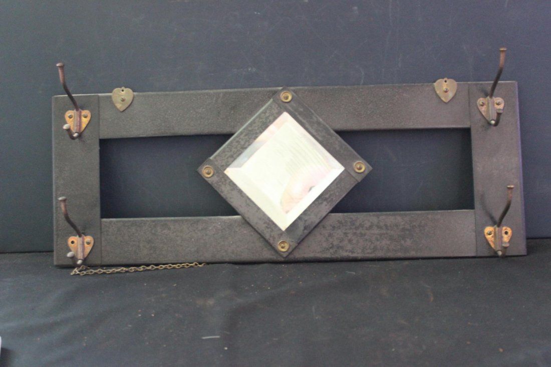 SMALL WALL HANGING HAT RACK - SOLID IRON W/ BEVELED: SMALL WALL HANGING HAT RACK - SOLID IRON W/ BEVELED MIRROR - ORIG. 23 X 8.5