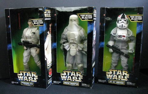 STAR WARS ACTION COLLECTION PRINCESS LEAH (in Hoth: STAR WARS ACTION COLLECTION PRINCESS LEAH (in Hoth gear), SNOWTROOPER, AND AT-AT DRIVER Kenner Toy, 1997. Three 12" figures, new and sealed.