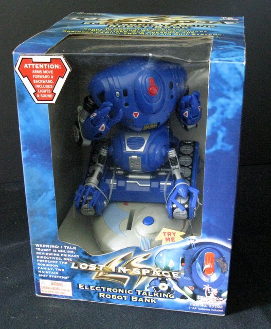 LOST IN SPACE MOVIE ELECTRONIC TALKING ROBOT BANK Toy: LOST IN SPACE MOVIE ELECTRONIC TALKING ROBOT BANK Toy Island, 1998. 12" tall poseable robot. Sealed in very good box.
