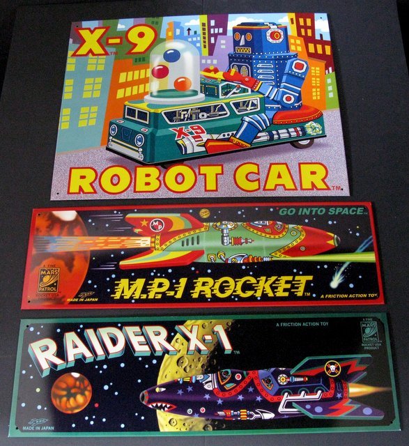 VINTAGE SPACE TOY TIN SIGNS LOT OF 3 - Rocket U.S.A., (1 of 3)