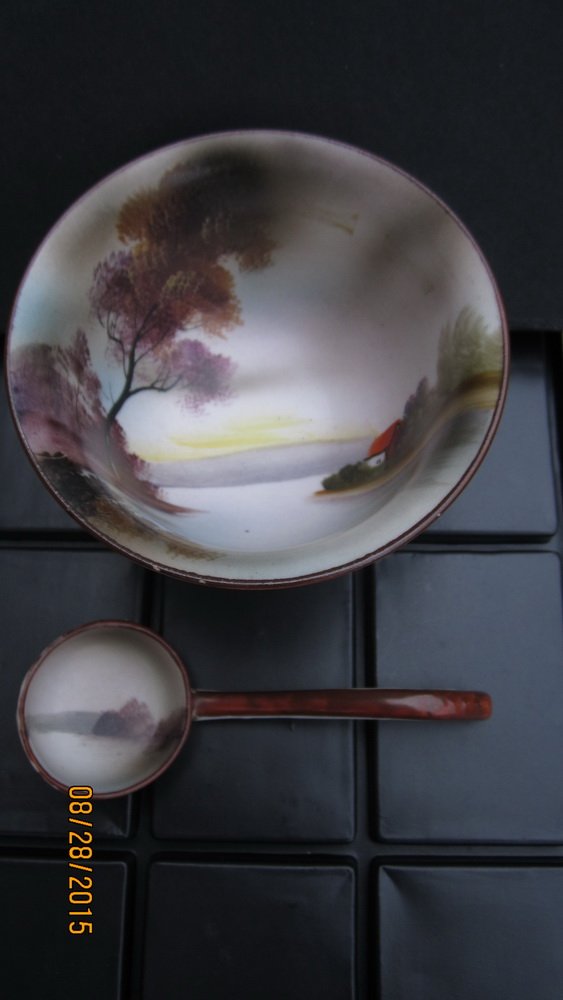 NORITAKE HAND-PAINTED SCENIC PEDESTAL BOWL WITH LADLE (1 of 4)