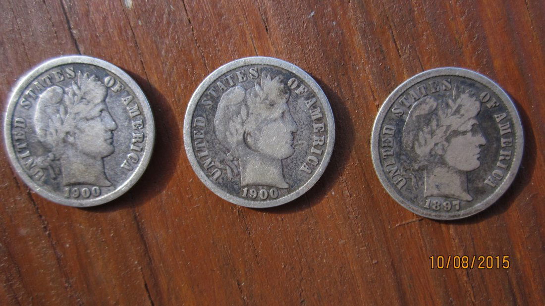 3 SILVER BARBER DIMES - (2) 1900 - (1) 1897 IN V.F. (1 of 2)