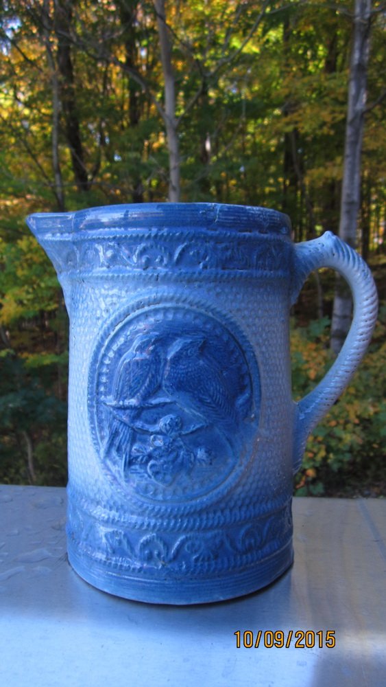EARLY STONEWARE PITCHER WITH BOUBLE BIRDS - 8" TALL (1 of 4)