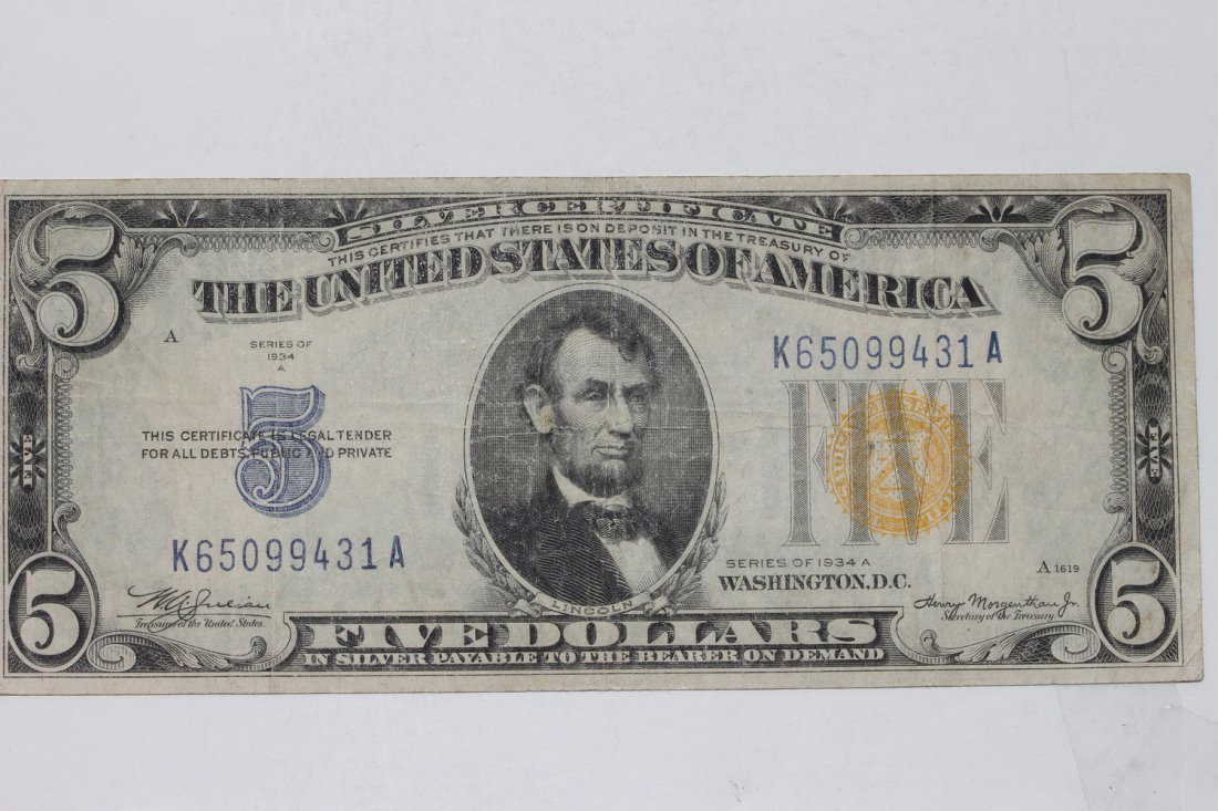 1934 A SERIES SILVER CERTIFICATE GOLD SEAL FIVE DOLLAR 1934 A SERIES SILVER CERTIFICATE GOLD SEAL FIVE DOLLAR