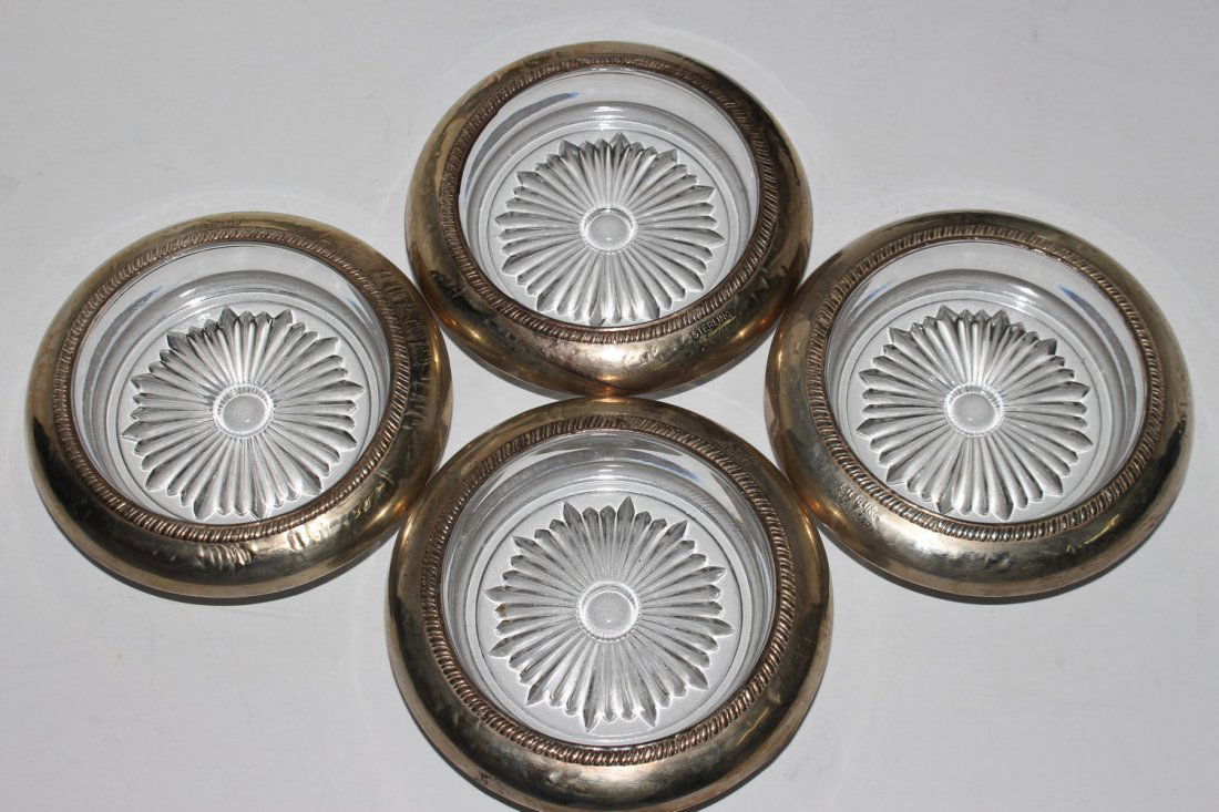 SET OF 4 STERLING SILVER GLASS COASTERS - FEATURES: SET OF 4 STERLING SILVER GLASS COASTERS - FEATURES SOLID STERLING RIMS MARKED " STERLING BY LABEN"