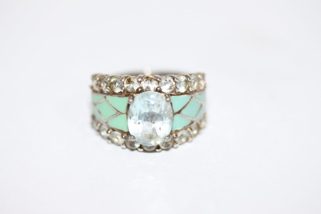 STERLING SILVER AQUAMARINE & TURQUOISE ENAMEL RING FEAT (1 of 3)