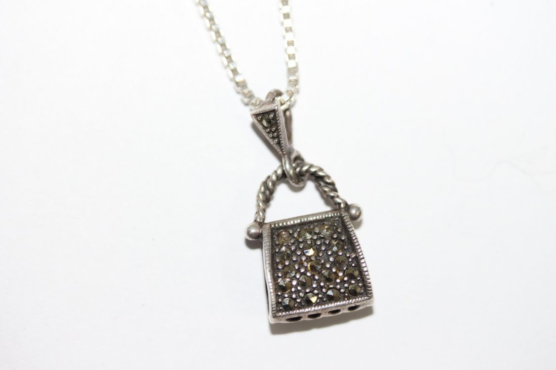 MARCASITE STERLING SILVER HANDLE PURSE PENDANT ON A 20": MARCASITE STERLING SILVER HANDLE PURSE PENDANT ON A 20" NECKLACE