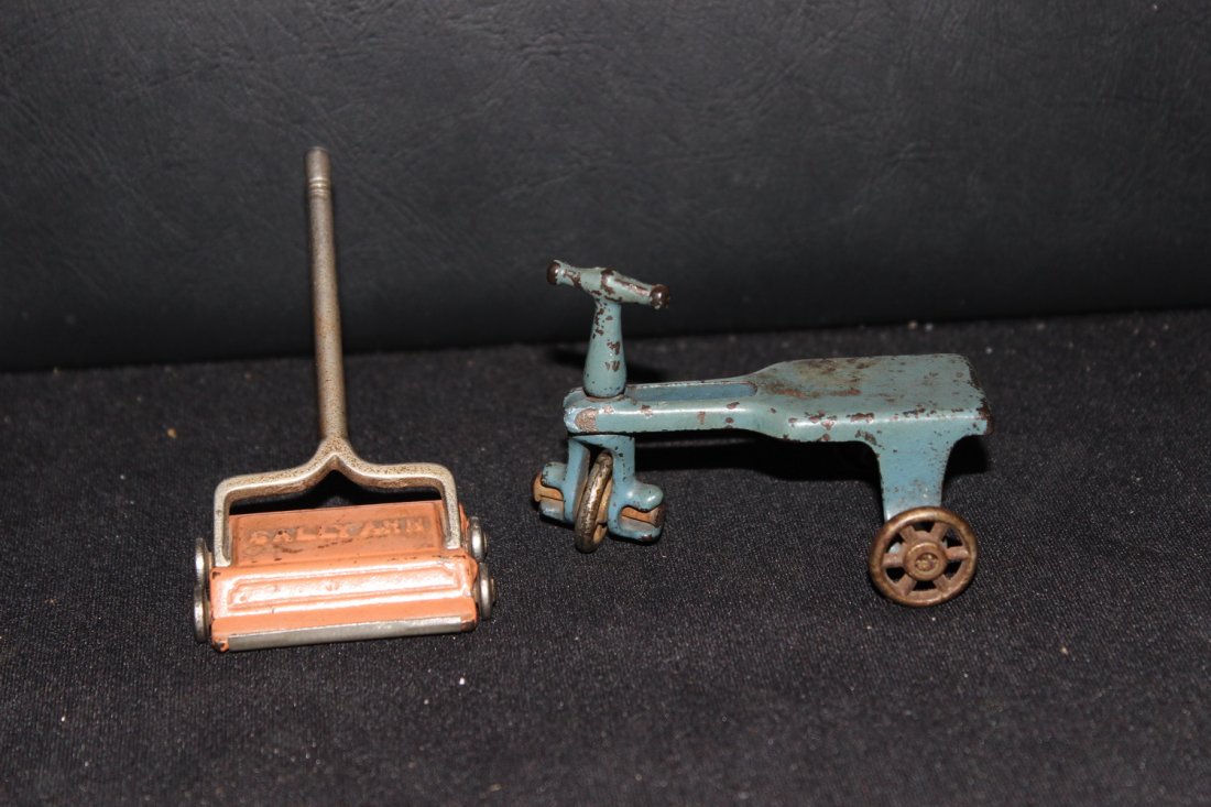2 NICE OLD CAST IRON TOYS - BOTH IN EXC.C OND - RIDING: 2 NICE OLD CAST IRON TOYS - BOTH IN EXC.C OND - RIDING TOY IS BY KILGORE - SWEEPER IS SALLY ANN KILGORE 3" SWEEPER 4"