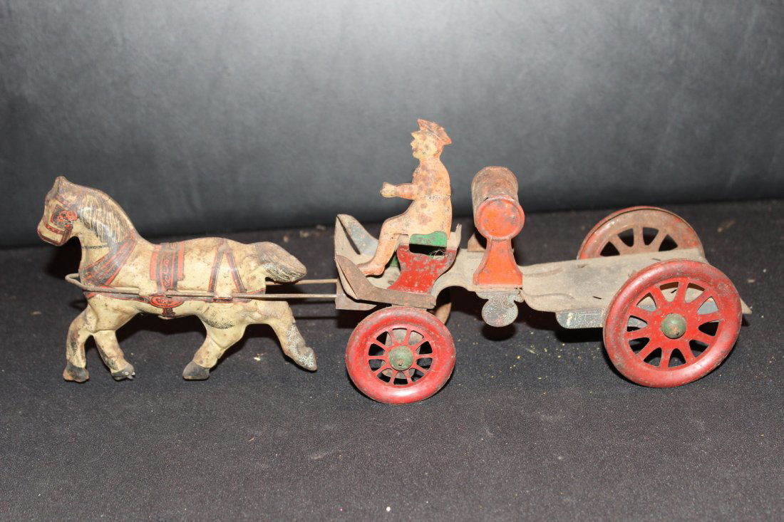 EARLY PRESSED TIN HORSE & WAGON COMPLETE WITH DRIVER - (1 of 6)