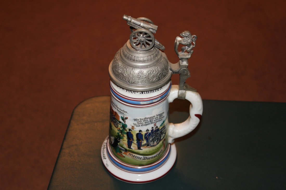 GREAT GERMAN STEIN W/ PEWTER CANNON LID - VERY ORNATE (1 of 6)