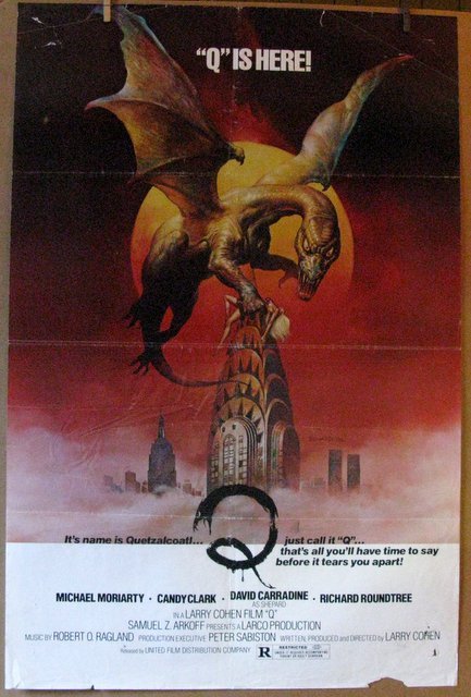 Q THE WINGED SERPENT - 1982 - Fabulous Boris Artwork -: Q THE WINGED SERPENT - 1982 - Fabulous Boris Artwork - One Sheet Movie Poster - 27"x 41" - Fabulous Boris Artwork. Very Good, folded.