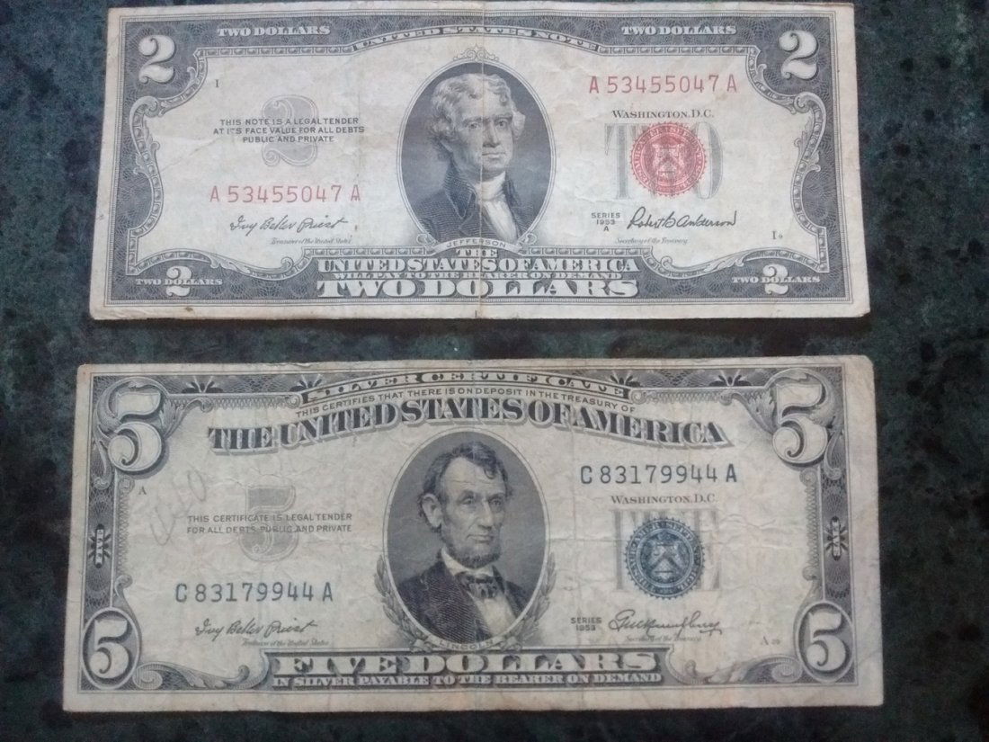 1953 BLUE SEAL $5 BILL - 1953 RED SEAL $2 BILL - (1 of 7)