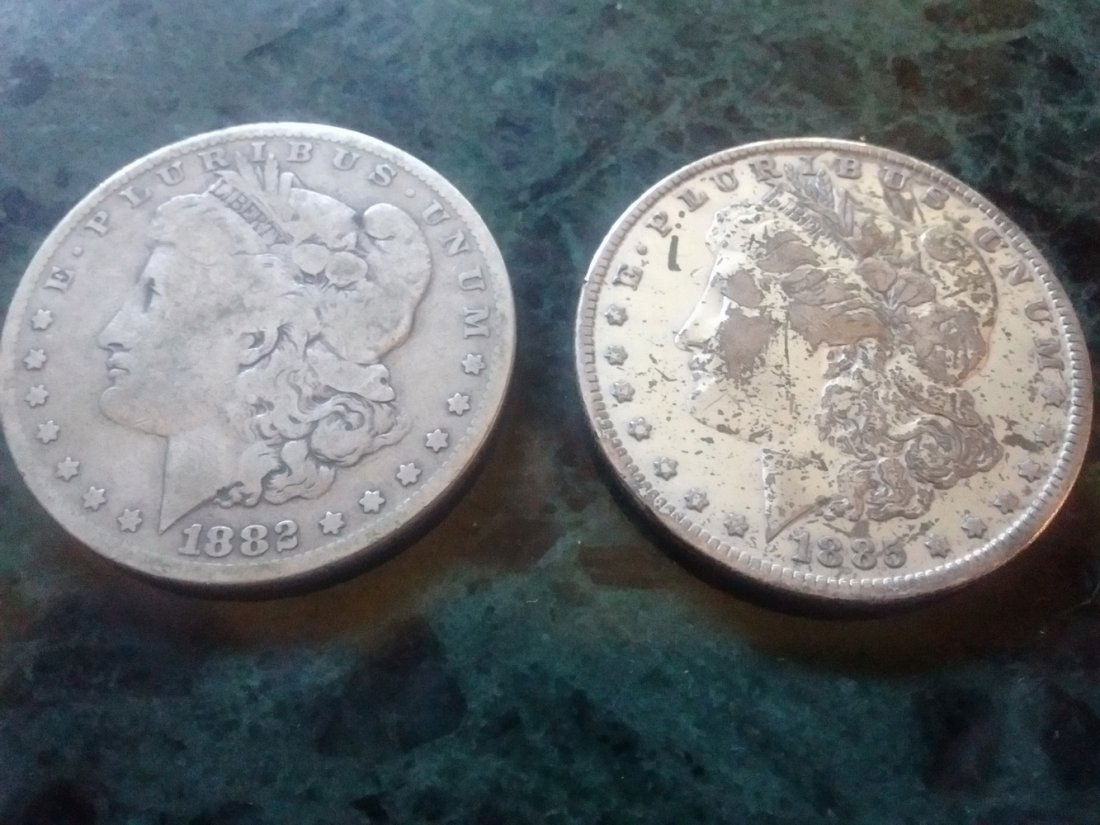 2 MORGAN SILVER DOLLARS 1885 - 1882 - BOTH WELL WORN (1 of 5)