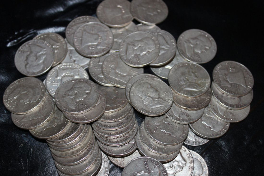 56 FRANKLIN HALVES - ALL MIXED DATES - V. GOOD TO FINE (1 of 2)