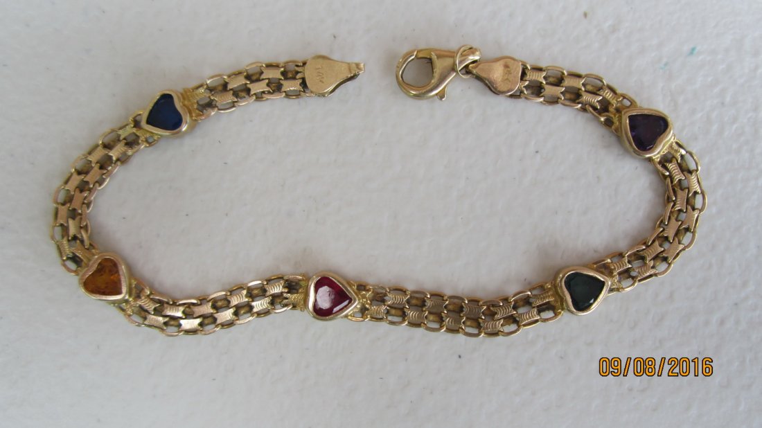 MAGNIFICENT 14K YELLOW GOLD 8.5" NECKLACE W/ 5 HEART: MAGNIFICENT 14K YELLOW GOLD 8.5" NECKLACE W/ 5 HEART SHAPED COLORED STONES - EXC. COND. - 6.6 DWT