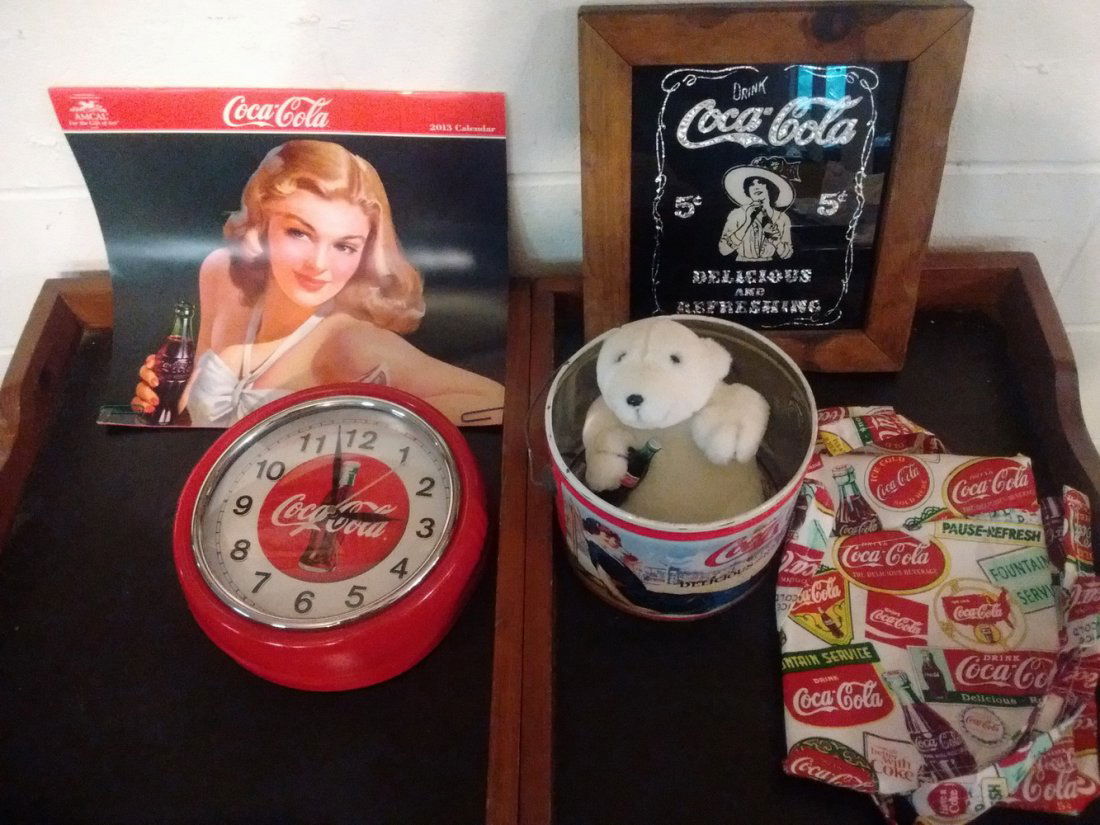 LARGE COKE LOT TO INC. VINTAGE LITHO PAIL, WALL CLOCK,: LARGE COKE LOT TO INC. VINTAGE LITHO PAIL, WALL CLOCK, PLUSH POLAR BEAR, 2013 CALENDAR, UNUSED APRON, VINTAGE MIRROR
