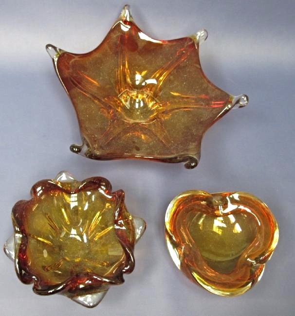 Three (3) Amber Art Glass Decorative Bowls: Three (3) Amber Art Glass Decorative Bowls
