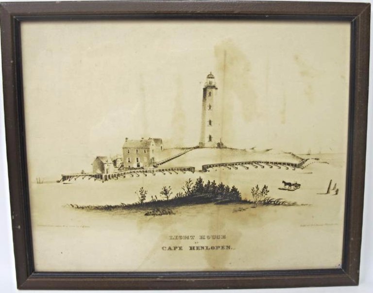 Lithograph of Cape Henlopen Lighthouse, Built 1734 and: Lithograph of Cape Henlopen Lighthouse, Built 1734 and Collapsed in 1926 Due to an Eroding Shoreline. Cape Henlopen Lighthouse as it looked when first built by the British about 1734. Exact date is no