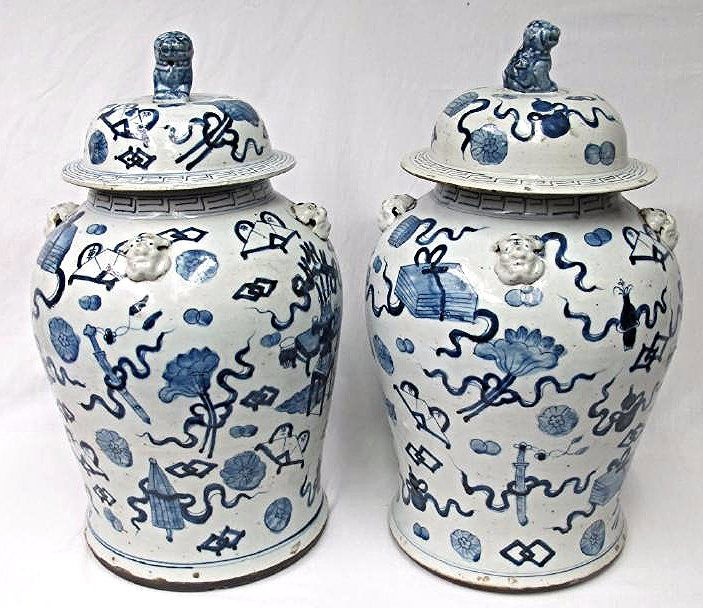 Pair Vintage Asian Blue & White Porcelain Covered Jars (1 of 1)