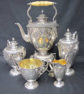 Antique Martin Hall & Co. Sterling Silver Five: Antique Martin Hall & Co. Sterling Silver Five Piece Coffee & Tea Service, approximately 179 TroyOz.