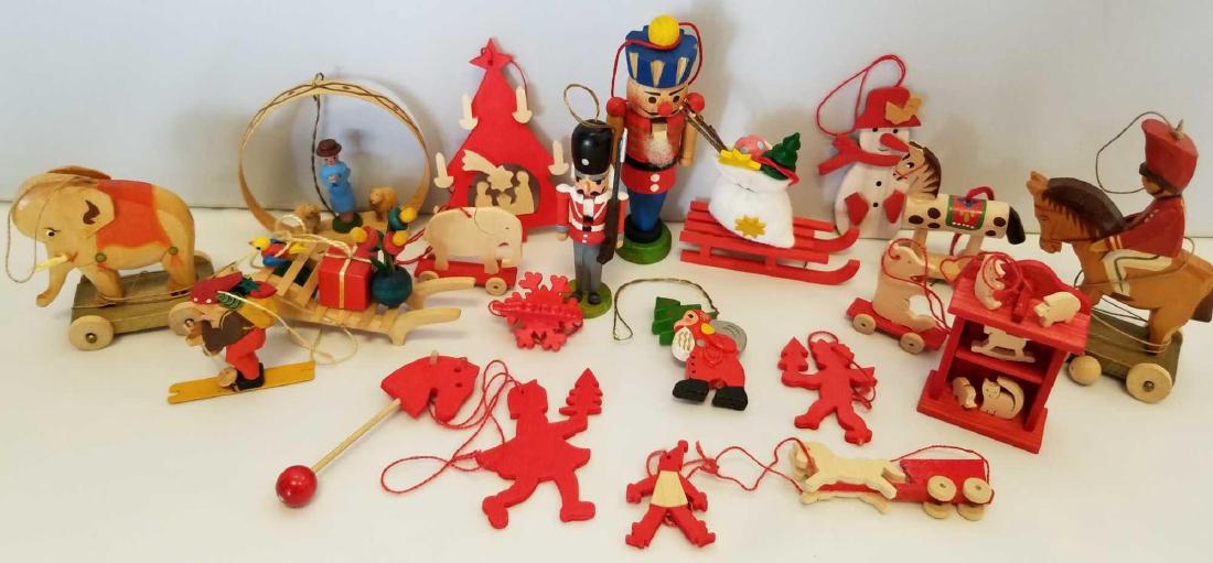 Collection of 21 Miniature Wooden Christmas Ornaments,: Collection of 21 Miniature Wooden Christmas Ornaments, Most Made in Germany, Including Holzkunst Christan Ulbricht Sleigh and Steinbach 08'ov Nutcracker
