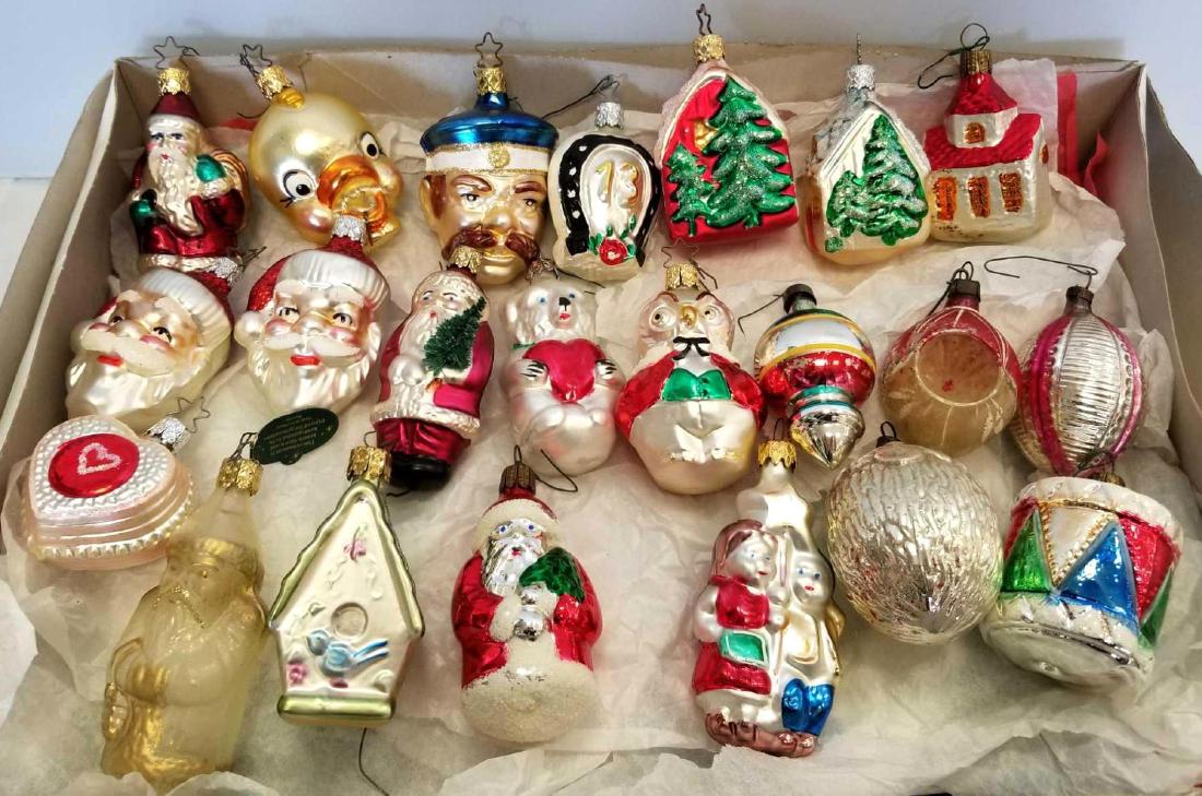 Collection of 22 Vintage Mercury/Blown Glass Christmas: Collection of 22 Vintage Mercury/Blown Glass Christmas Ornaments to Include Santas, Bears, Owl, Drum, Houses and Acorn