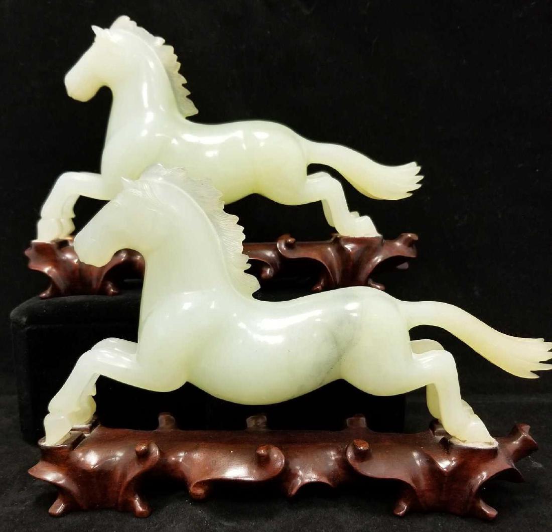 Pair of Vintage Chinese Carved Jade Horses on a Carved (1 of 2)