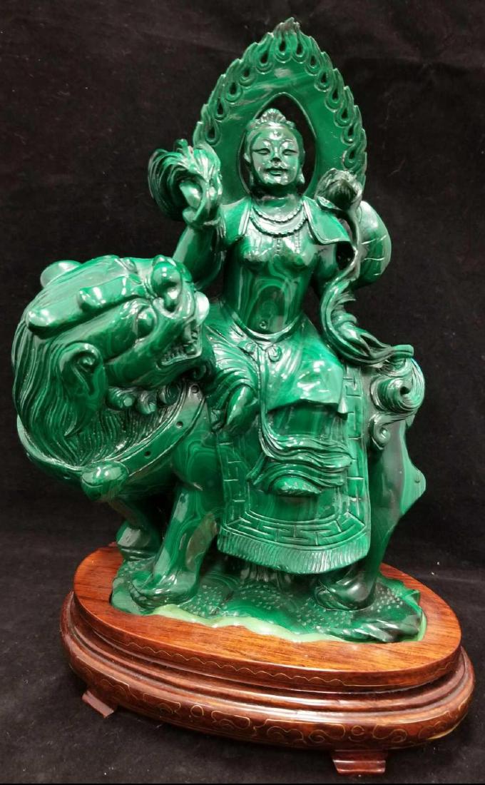 Carved Asian Malachite Quan Yin Riding on a: Carved Asian Malachite Quan Yin Riding on a Foo Dog on a Rosewood stand 7"x 10"