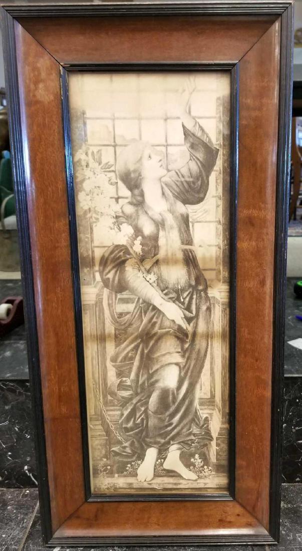 After Sir Edward Coley Burne-Jones, Photogravure of a: After Sir Edward Coley Burne-Jones, Photogravure of a Woman Holding Flowers, 11" x 24" Framed